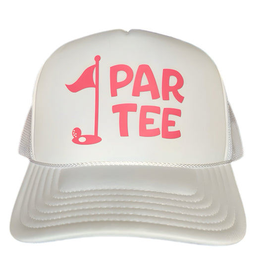 White trucker hat with pink 'Par Tee' text and golf flag design on a white background by stevi