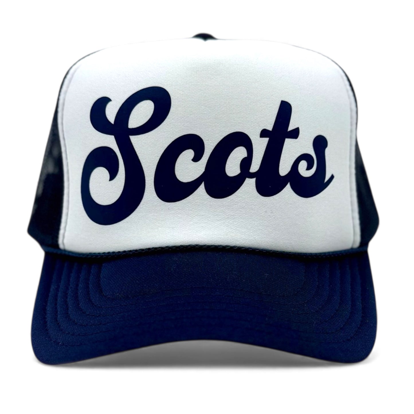 Highland Park Scots trucker hat. Scots logo in navy script on white polyester foam front cap with navy mesh adjustable snapback and navy bill. Perfect for gameday!