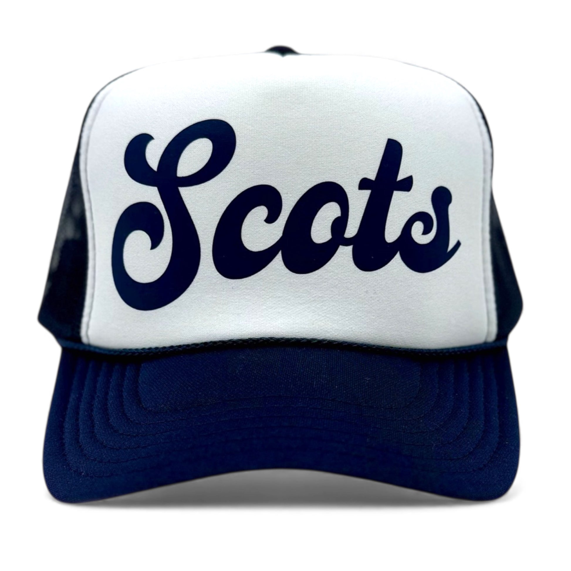 Highland Park Scots trucker hat. Scots logo in navy script on white polyester foam front cap with navy mesh adjustable snapback and navy bill. Perfect for gameday!