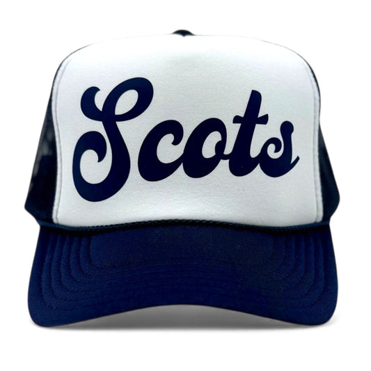 Highland Park Scots trucker hat. Scots logo in navy script on white polyester foam front cap with navy mesh adjustable snapback and navy bill. Perfect for gameday!