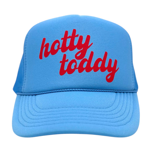 Columbia blue foam trucker hat with red “hotty toddy” script, retro game day baseball cap
