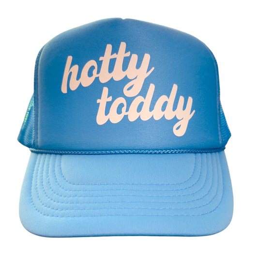 Columbia blue foam trucker hat with white “hotty toddy” script, retro game day baseball cap
