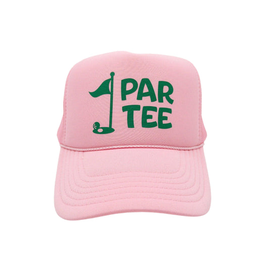 “Par-Tee” golf-themed foam trucker hat with mesh back—fun accessory for golf outings, tournaments, birthdays, and bachelorette or bachelor parties on the course.