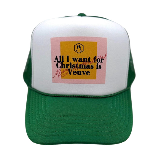 Champagne-themed Christmas trucker hats in holiday colors