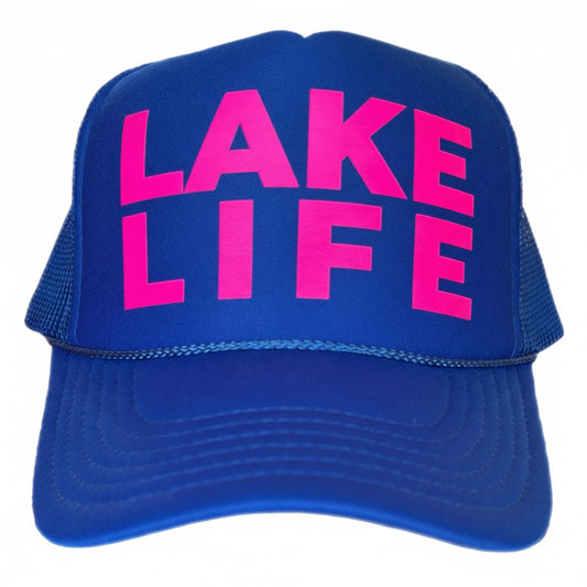 Royal blue trucker hat with Lake Life in neon pink, perfect for a trip to ski, wake surf or enjoy time on the water!