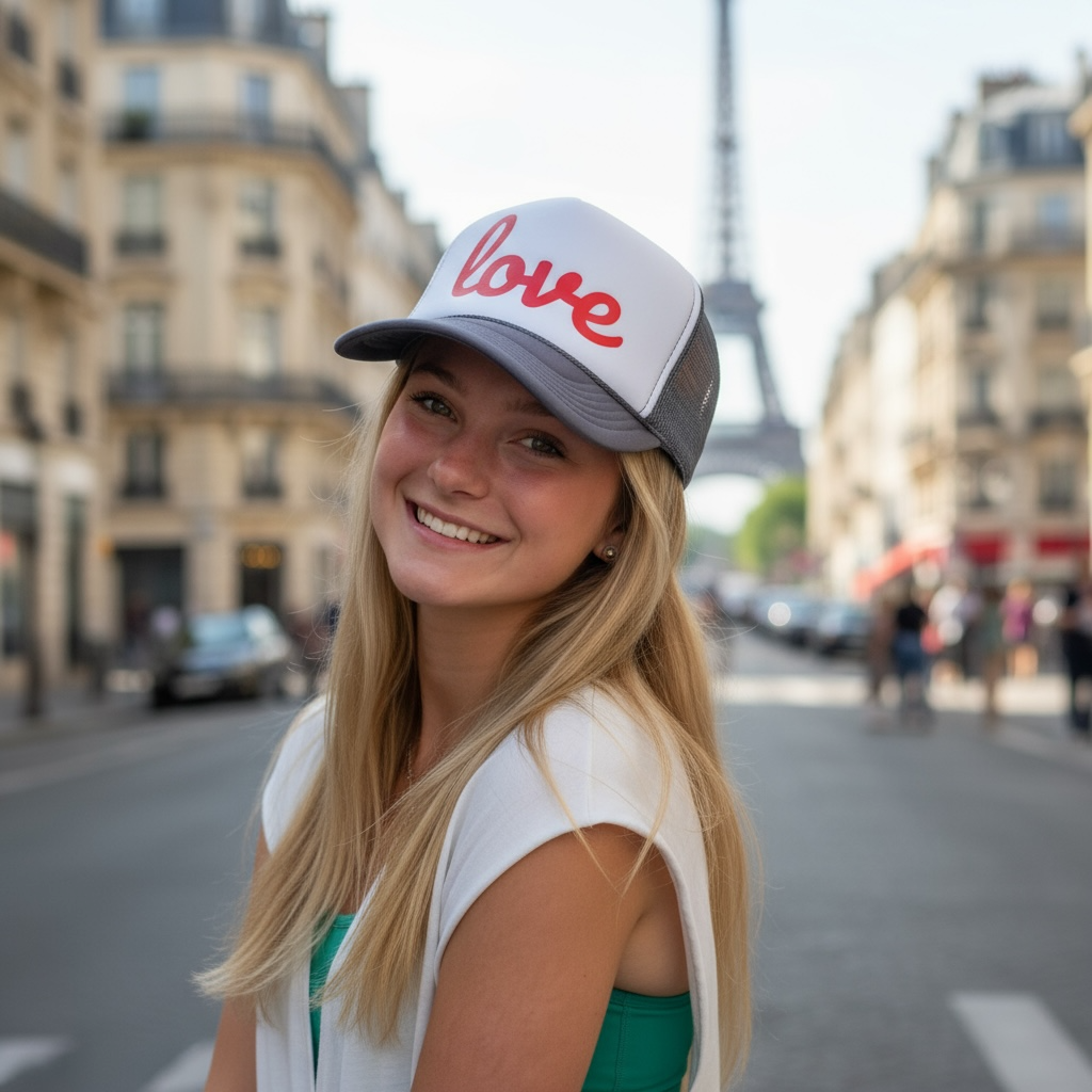 Woman wearing a cap with 'love' on it in an urban setting with buildings and street in the background