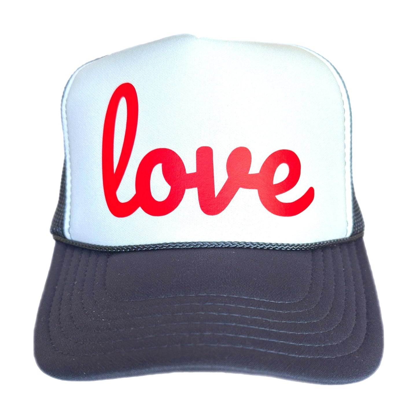 Navy and white trucker hat with bold red script that says "love" perfect for valentines day by stevi