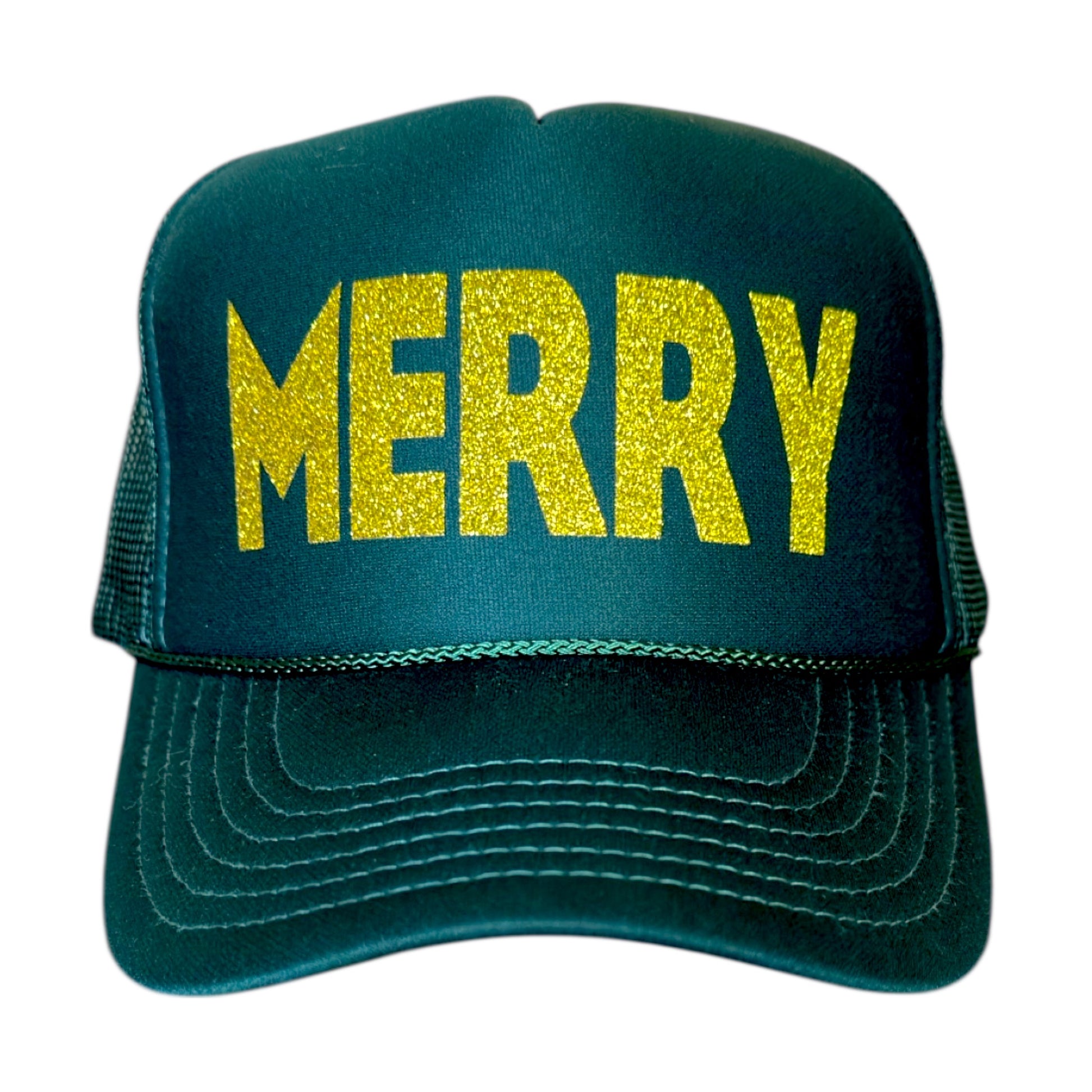 Forest green foam  trucker cap with 'MERRY' in gold glitter  on a white background