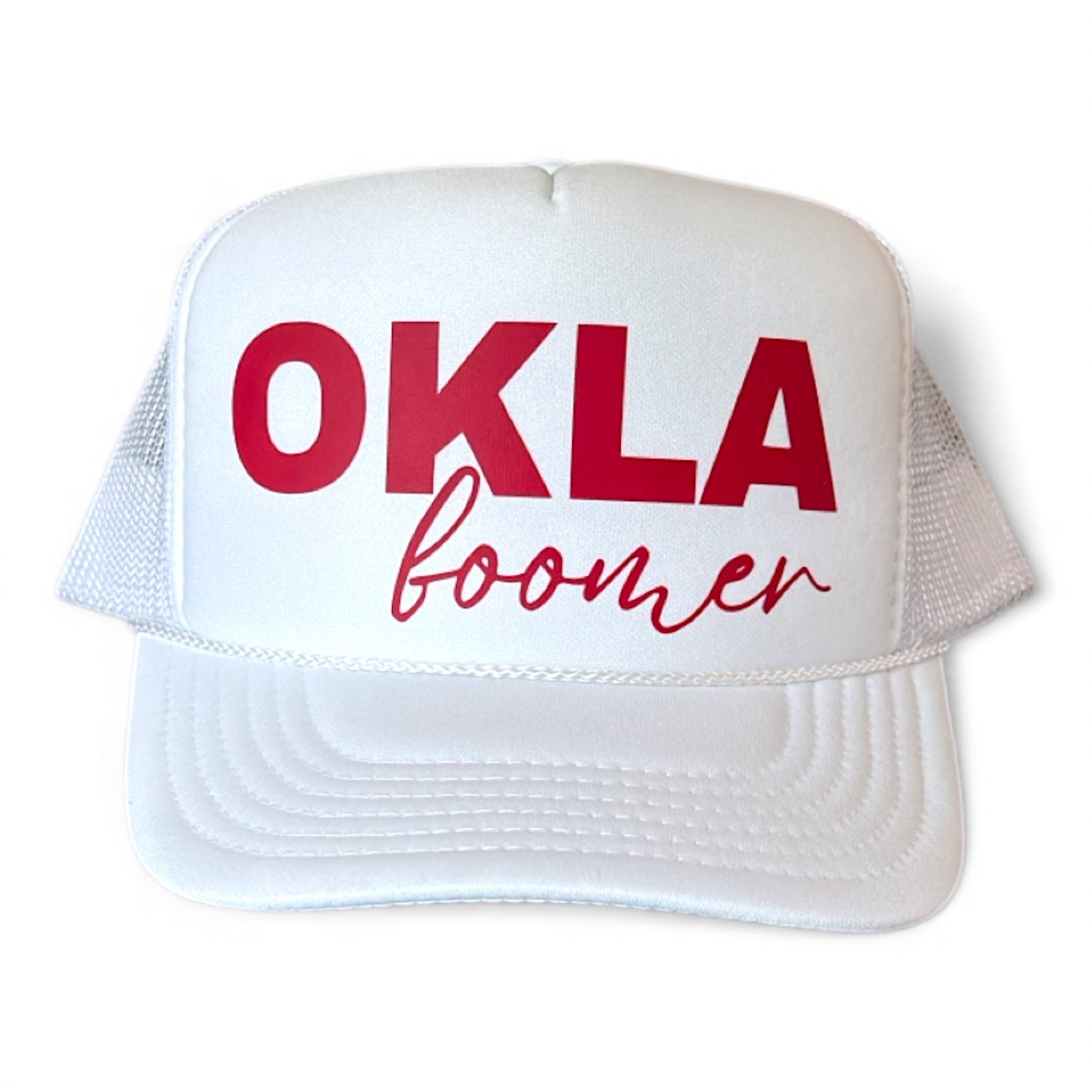 White “OKLA boomer” trucker hat with red block and script lettering, foam mesh snapback game day baseball cap