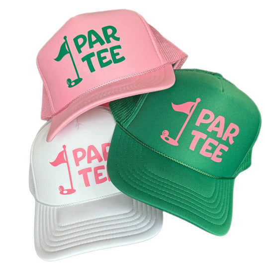 Three golf trucker hats in combination of pink, kelly green and white featuring logo with golf tee and flag that says PAR-TEE by stevi