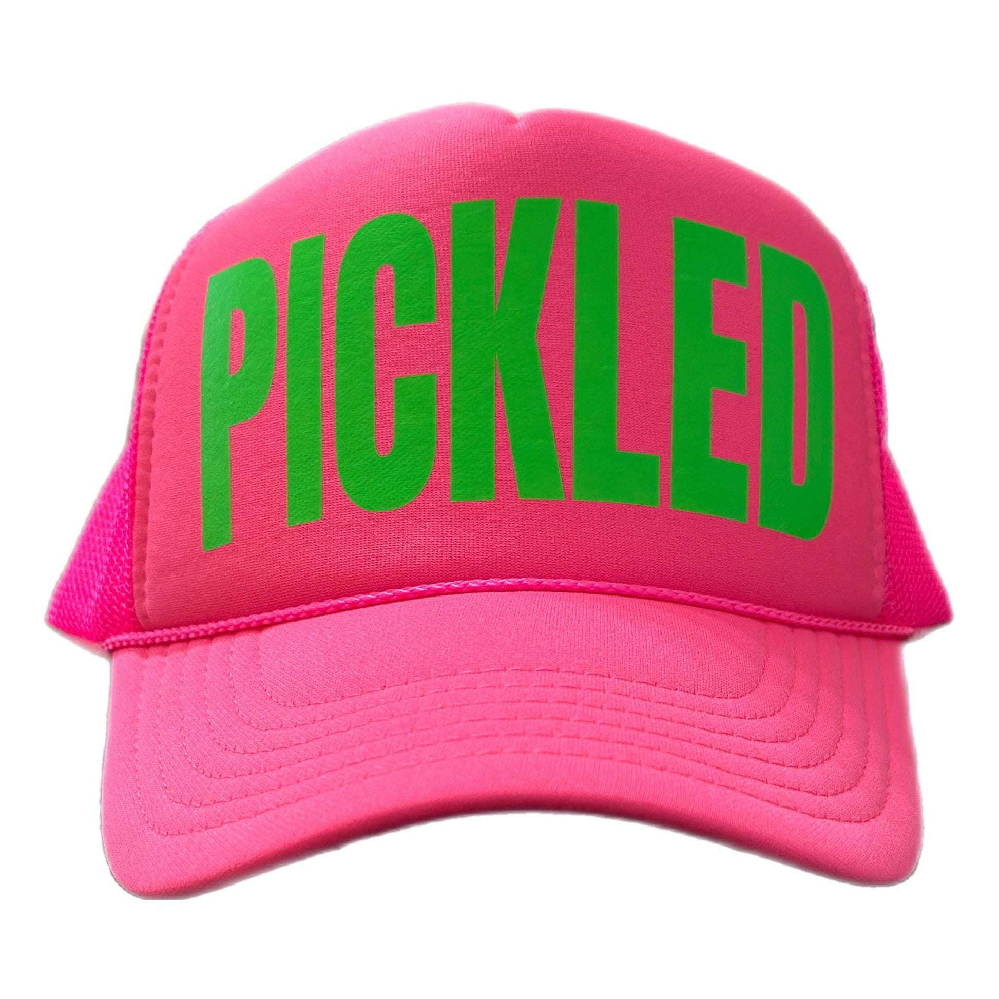 Pickleball trucker hat in neon pink with bold logo "PICKLED" by stevi