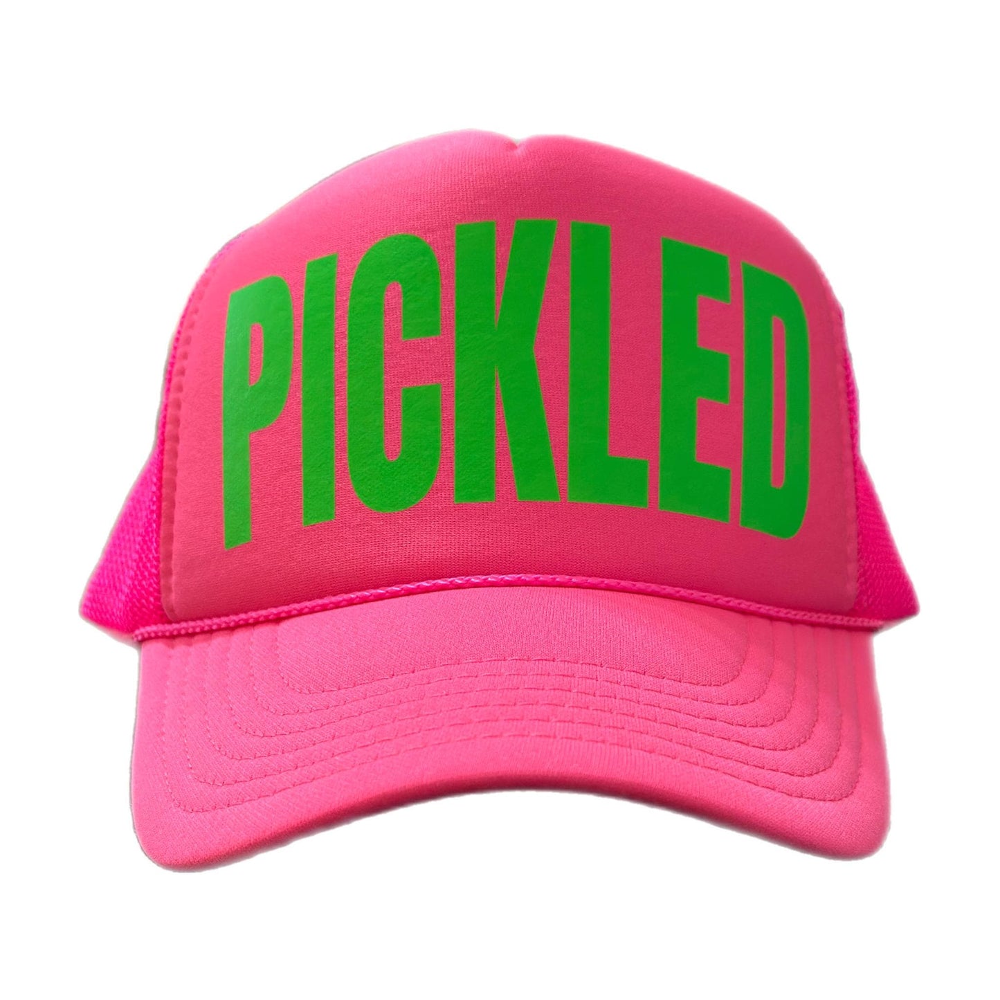Neon pink pickleball trucker hat with Pickled logo in neon green by stevi