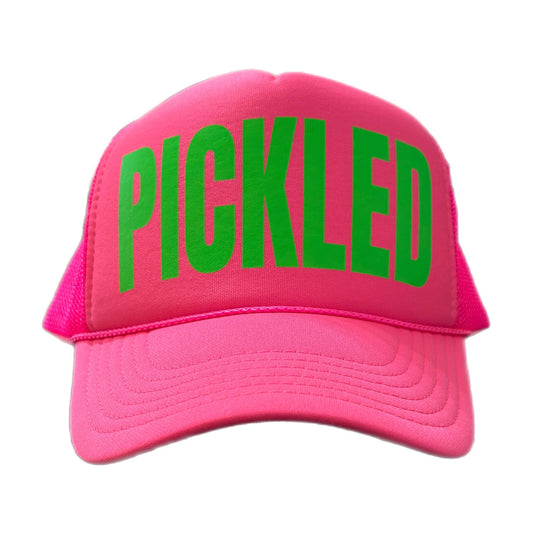 Neon pink pickleball trucker hat with Pickled logo in neon green by stevi