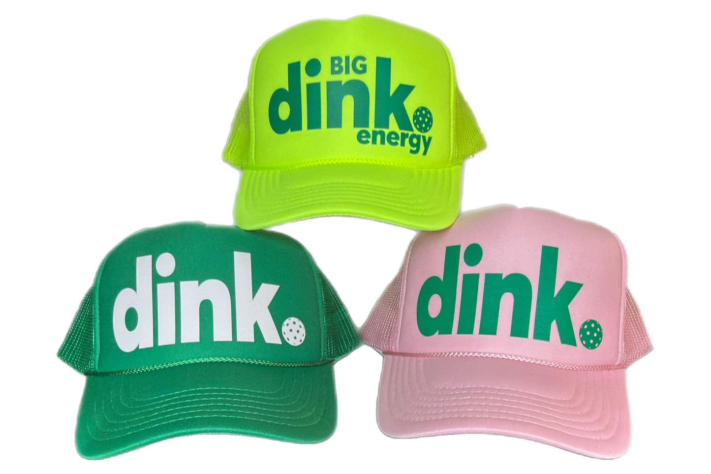 Three trucker hats with the word dink and one with big dink energy in large letters by stevi