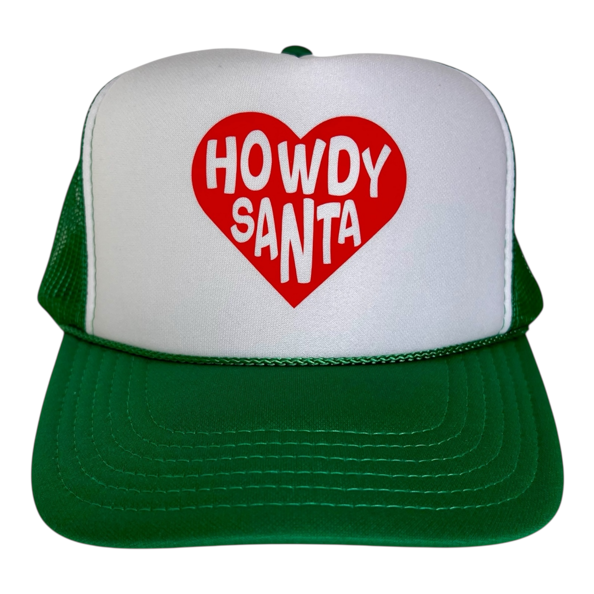 Green and white  Christmas Trucker cap with a red heart and 'HOWDY SANTA' text on a white background. Perfect for festive holiday spirit or Christmas gift.