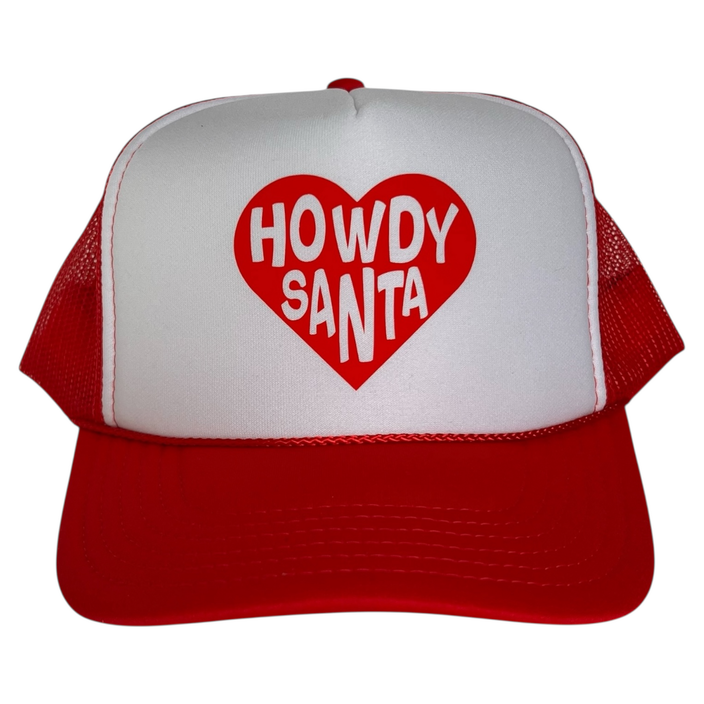 Red and white cap Otto snapback trucker hat with 'HOWDY SANTA' heart design on a white background. Great Christmas gift or festive holiday accessory!