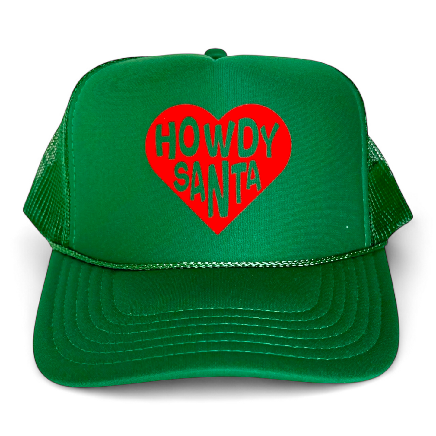 Green Christmas trucker hat with a red heart and 'HOWDY SANTA' text. Need a festive holiday gift or Christmas accessory for your shopping?