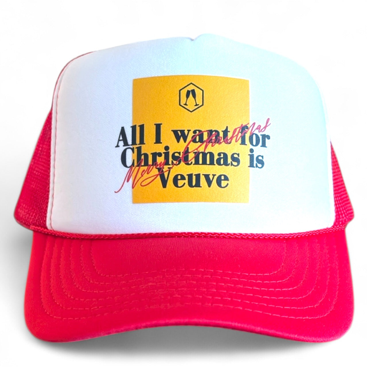 Red and white snapback trucker hat with veuve inspired logo "All I want for Christmas is Veuve" in orange, black and red by stevi. Perfect gift for yourself or bubbly, champagne loving friend!