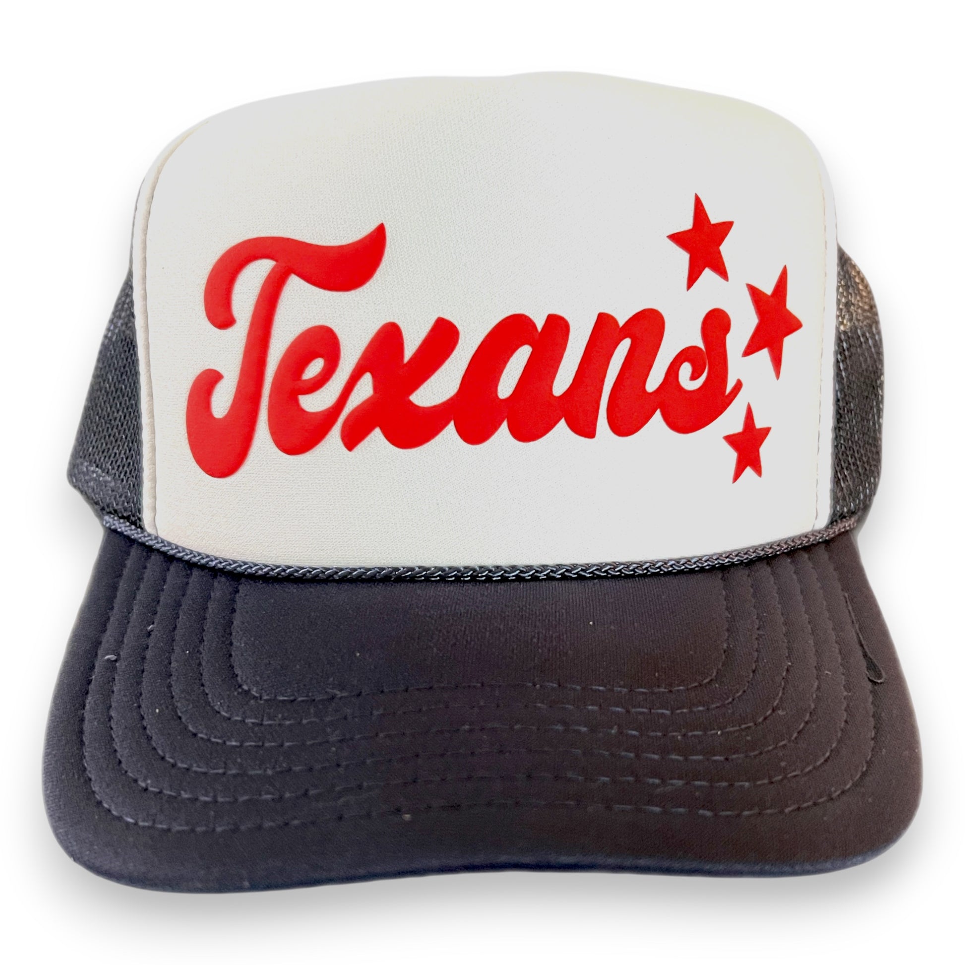 Trucker hat with 'Texans' in red and stars on a white background
