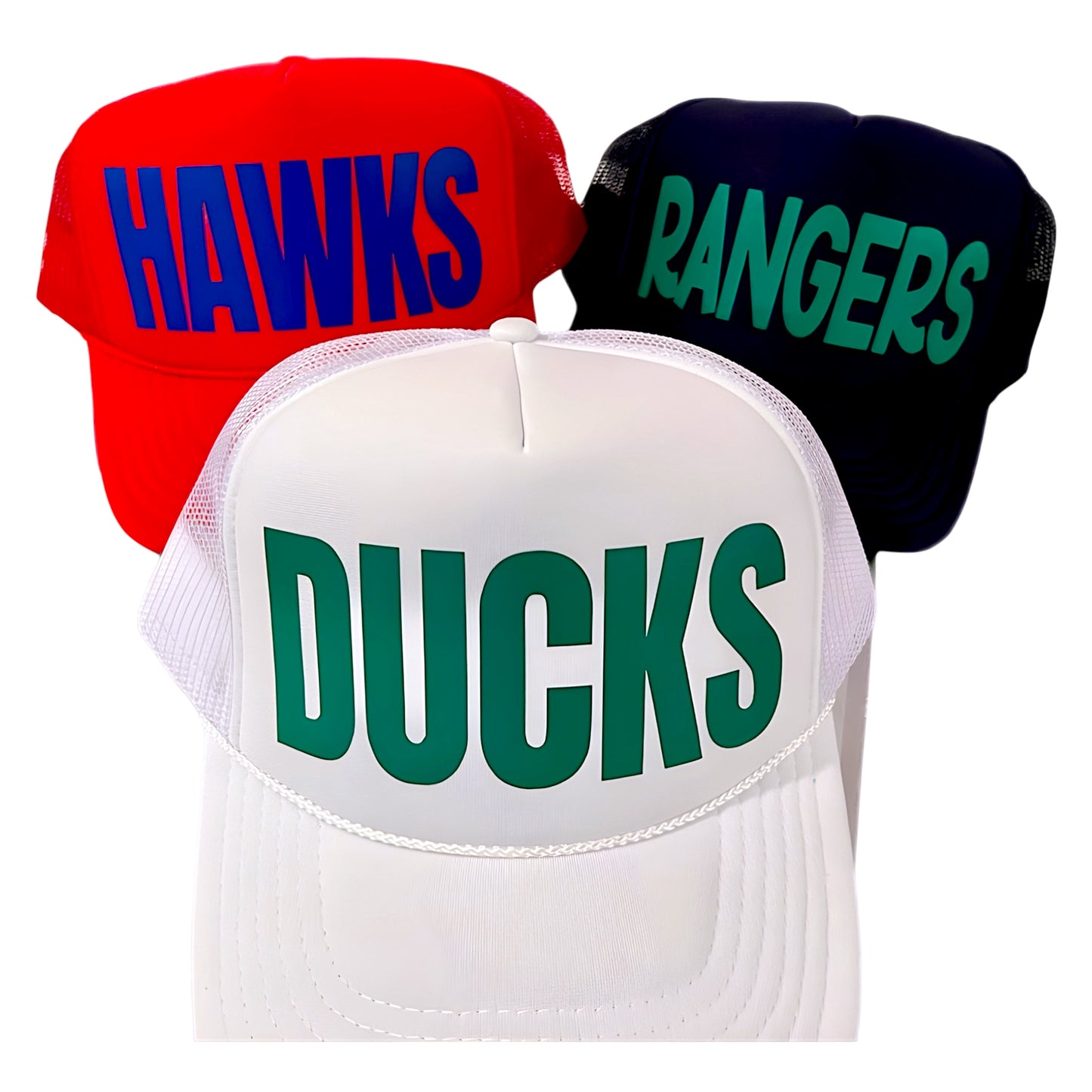 Three baseball caps with 'HAWKS', 'RANGERS', and 'DUCKS' text on a white background