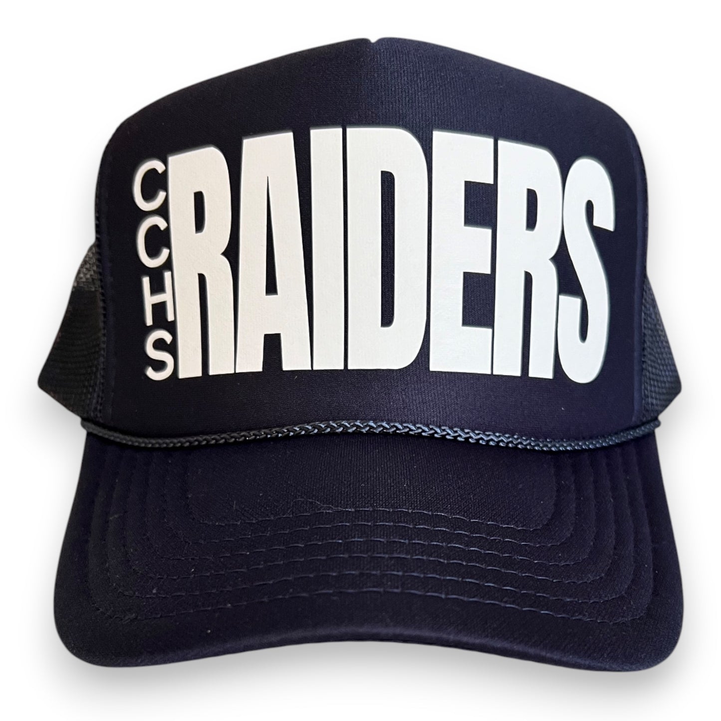 Navy foam trucker cap with 'CHS RAIDERS' text on a white background. Custom hats for your team available.