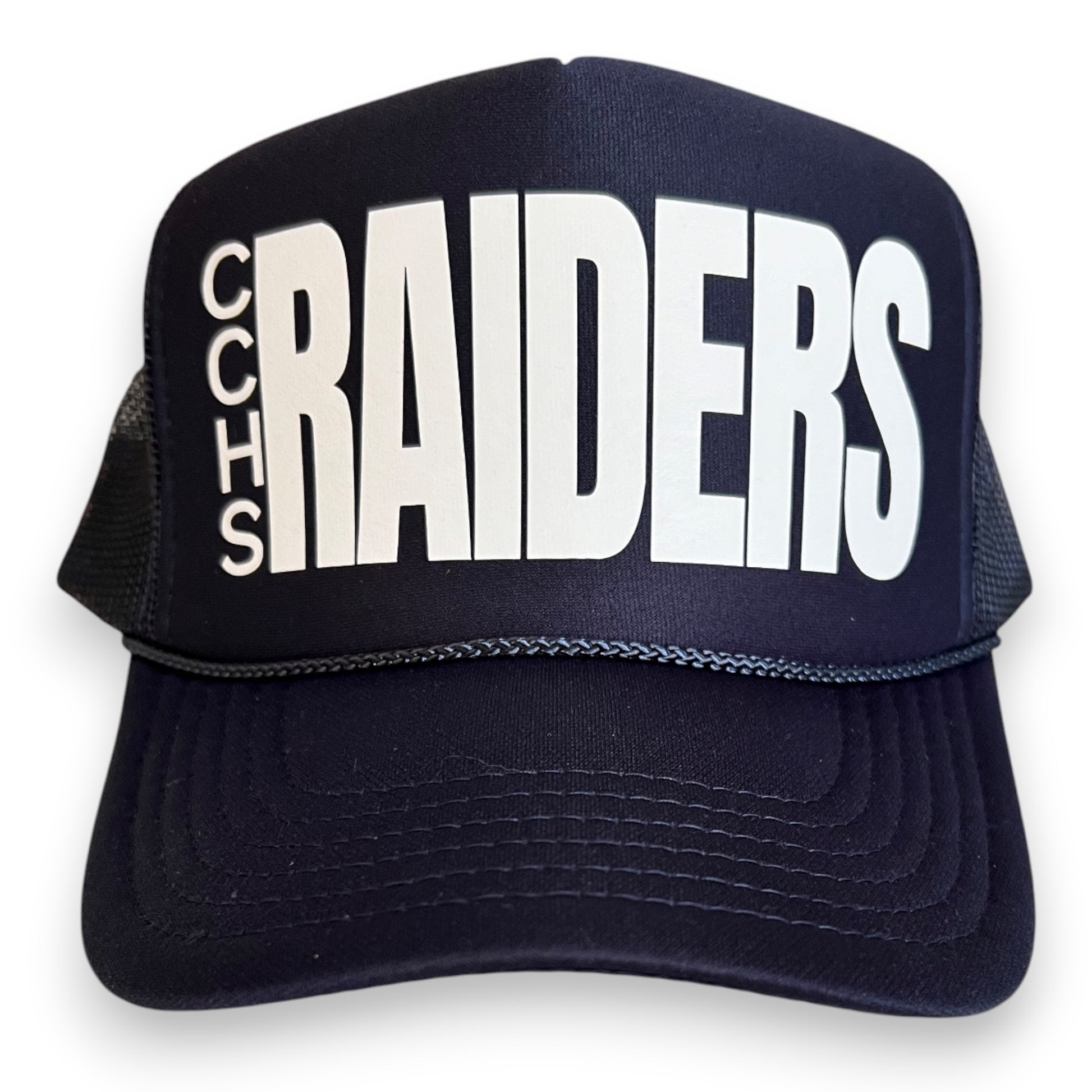 Navy foam trucker cap with 'CHS RAIDERS' text on a white background. Custom hats for your team available.