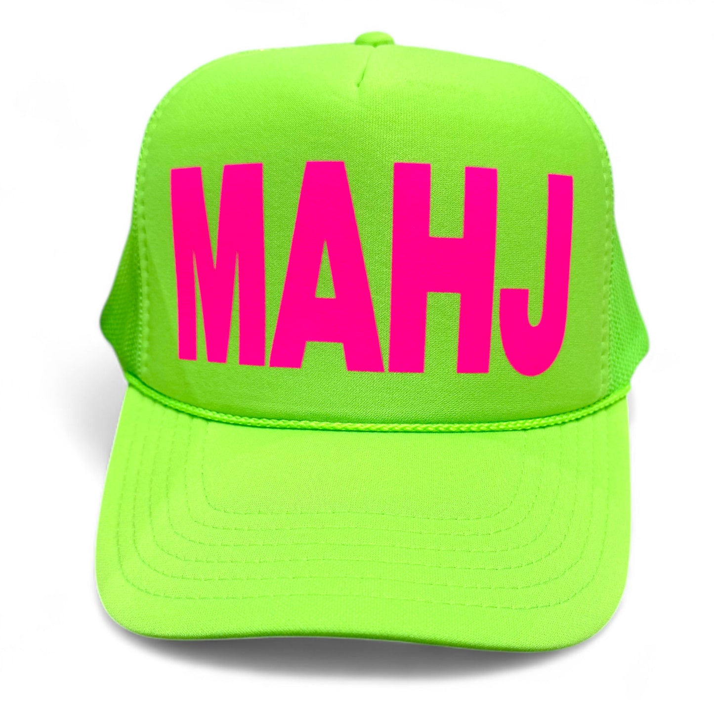 Neon green foam trucker hat with bold pink “MAHJ” text, fun mahjong trucker hat for game night.
