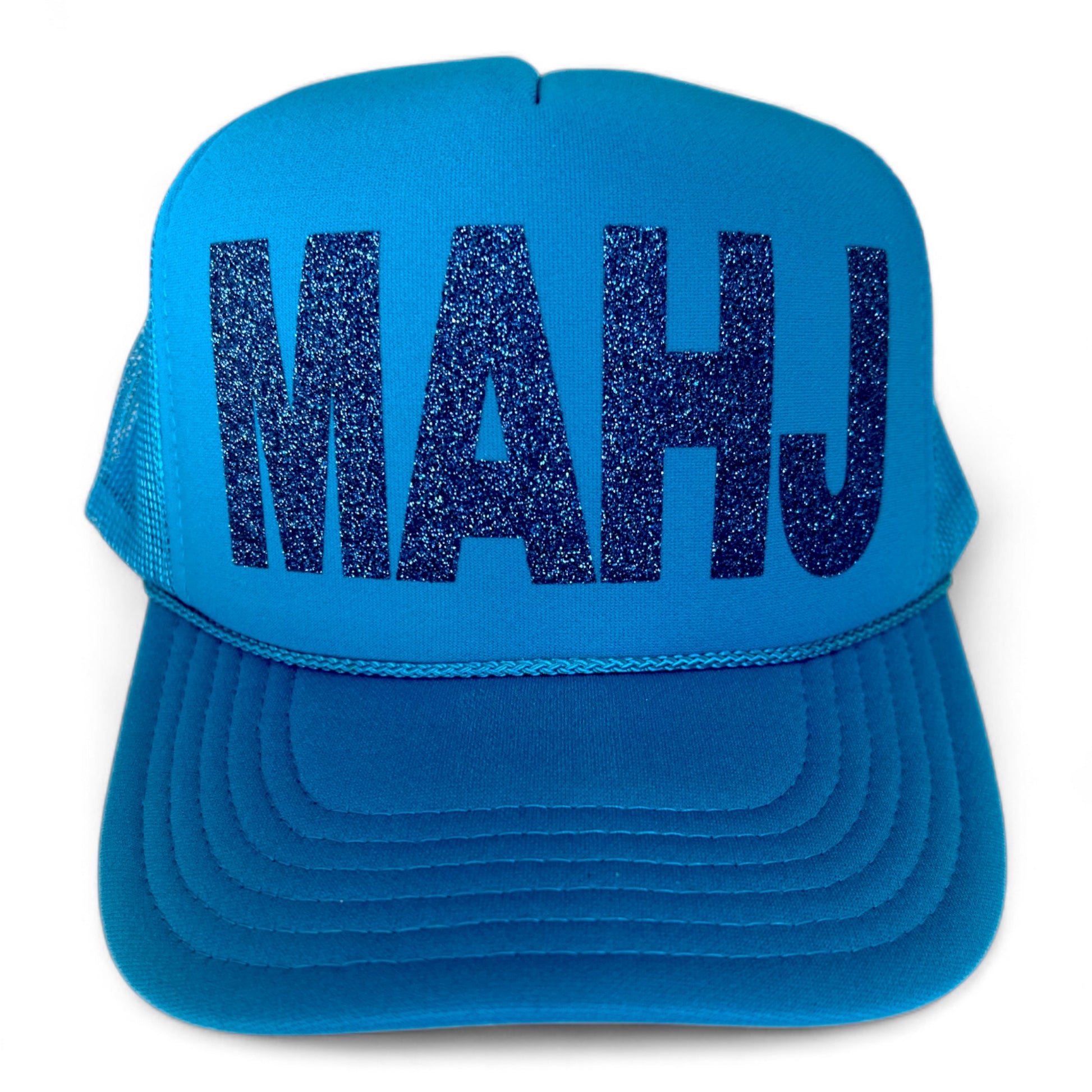 stevi. trucker hat for mahjong in neon blue with navy glitter ink featuring "MAHJ" in large block print. Dot, crack, bam in style with the perfect Mahjong accessory!