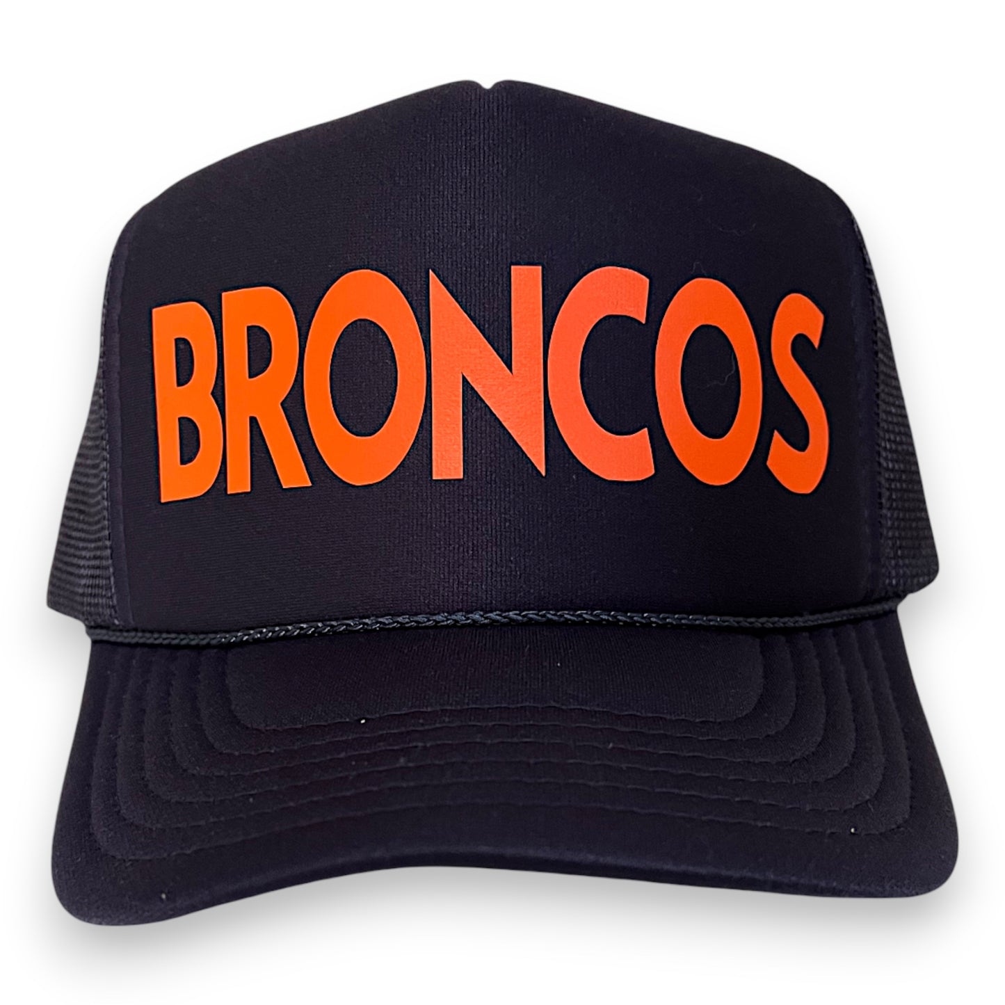Black foam trucker hat with bold orange “BRONCOS” text on the front, custom team mascot game day trucker hat.
