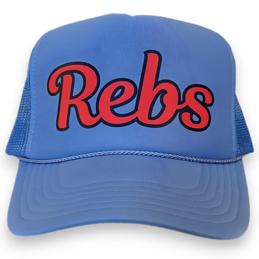 Columbia blue foam trucker hat with red script “Rebs” text, custom rebels team game day snapback.
