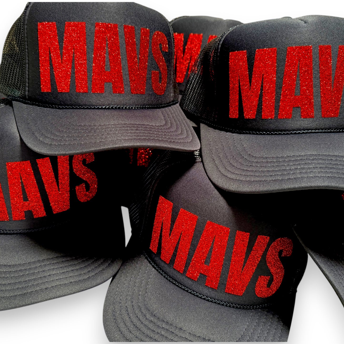 Custom Mavericks team trucker hats in black with red glitter. Gameday ready!