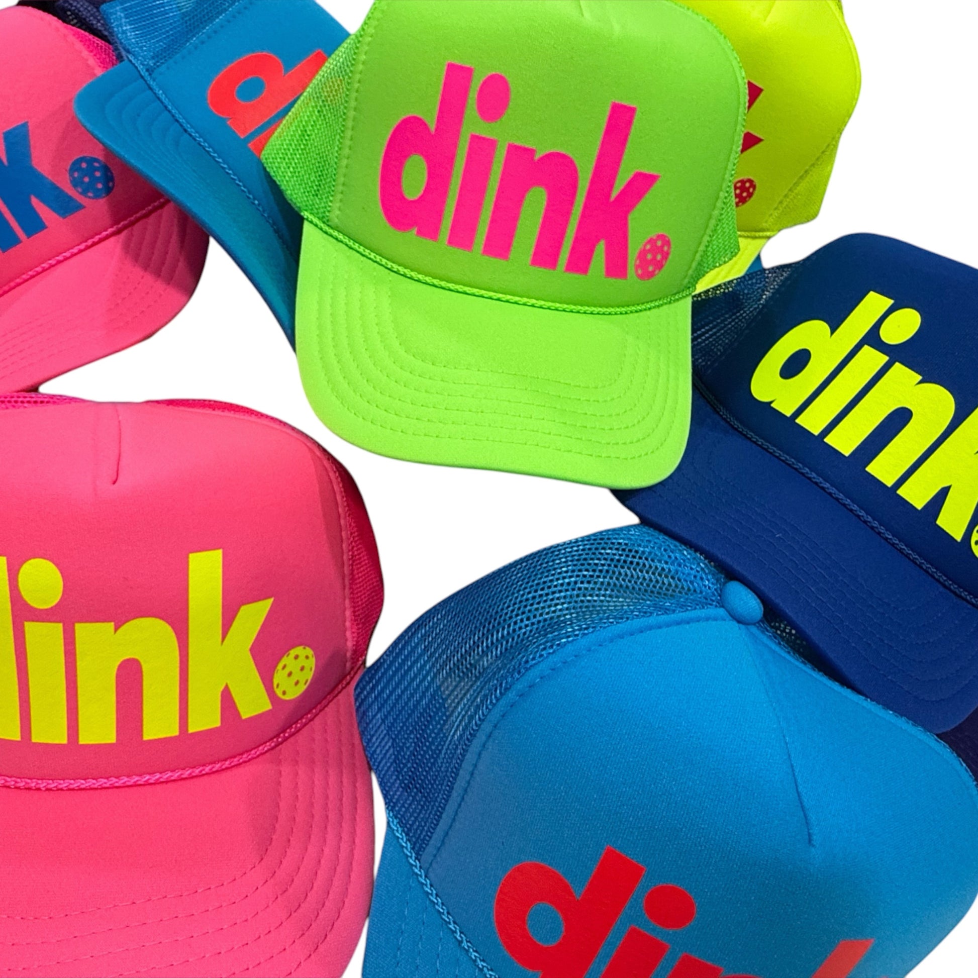 Colorful caps with 'dink' text on a white background