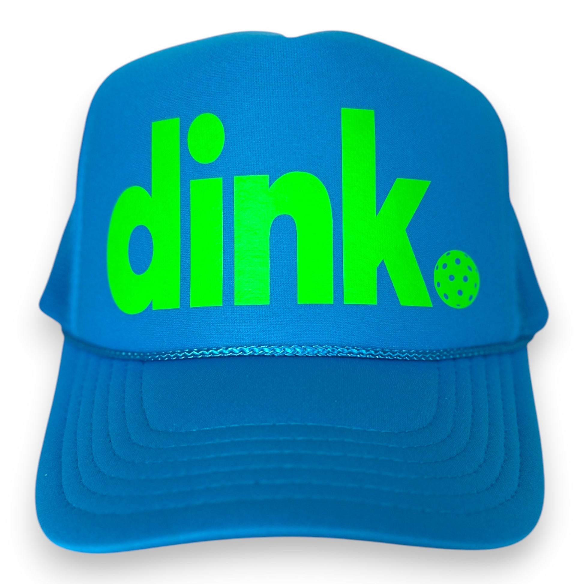 Neon blue foam snapback trucker hat with neon green "dink" logo with pickleball. Perfect unisex gift for the pickleball lover.