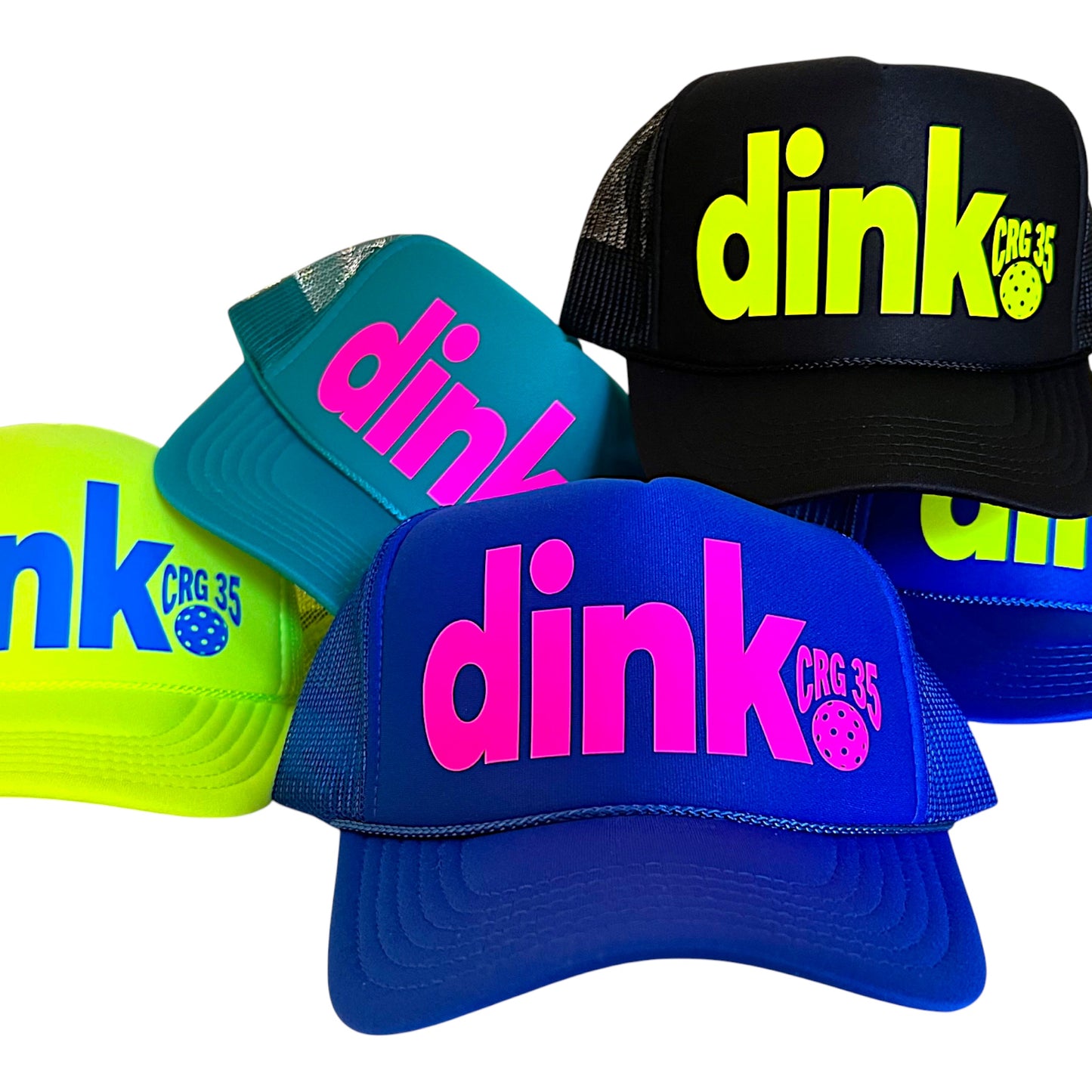 Collection of colorful caps with 'dink' and 'CRG 35' text on a white background. Custom pickleball hats for a pickleball birthday party!