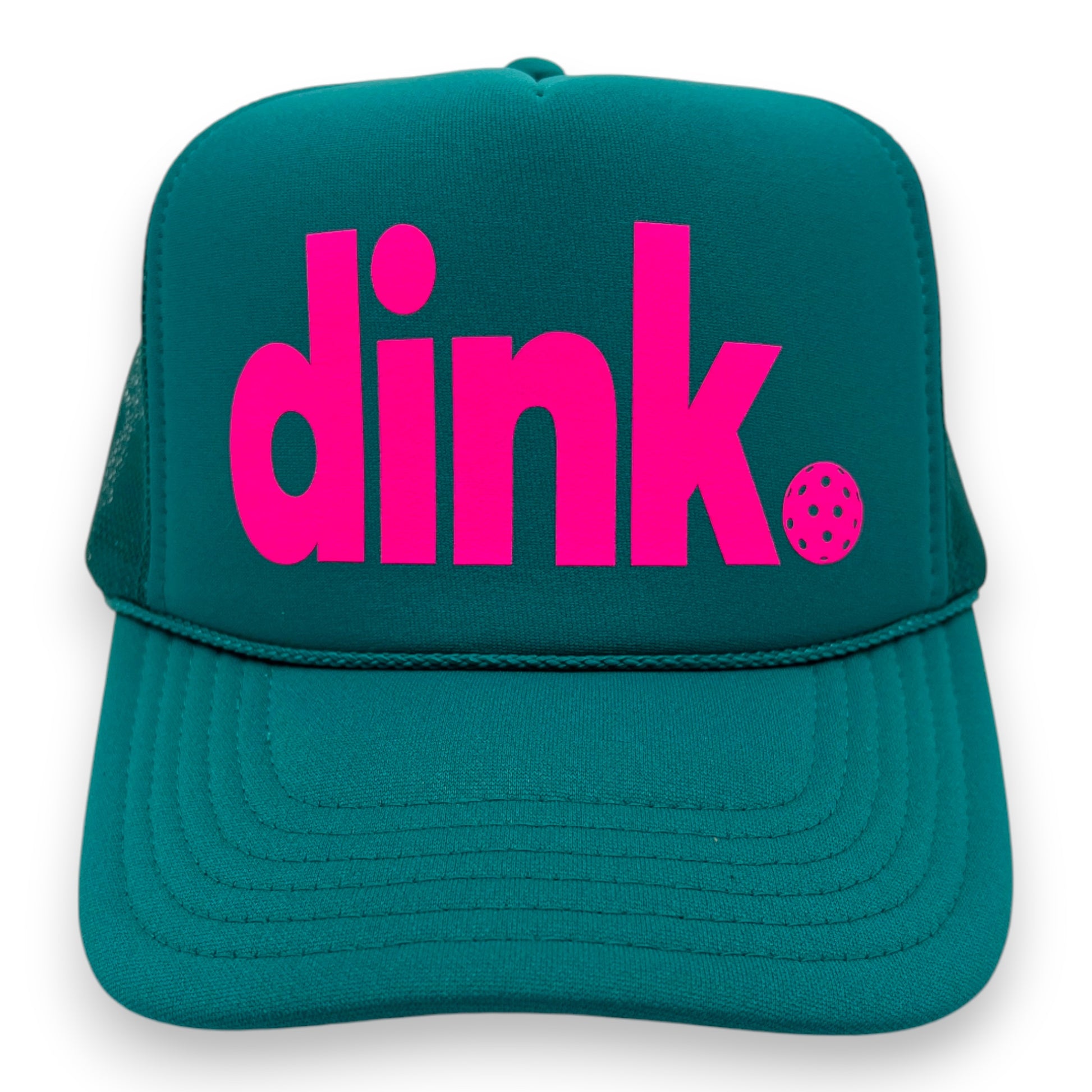Jade Pickleball Trucker Capl  with neon pink 'dink.' text.  Perfect accessory for the pickleball lover!