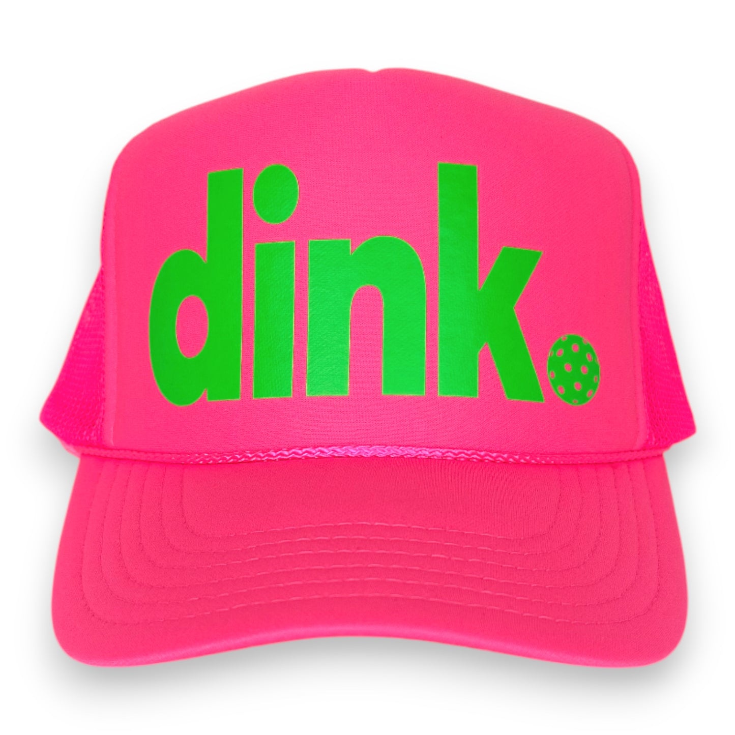 Neon pink foam trucker hat with neon green logo "dink". Enjoy days on the pickleball court in style with this custom snapback hat. 