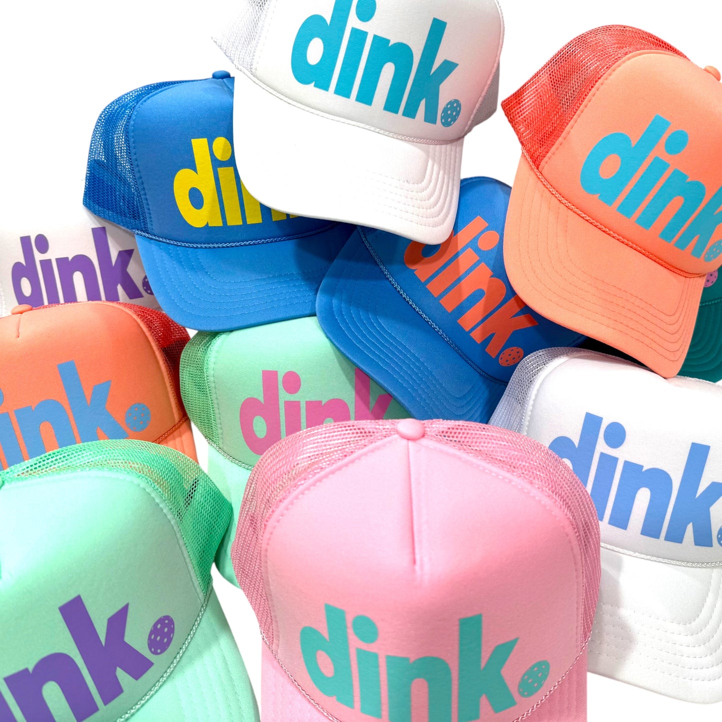 stevi. custom trucker hats with dink and pickleball featured on front in variety of soft pastel colors, fun for team or group gift or play!