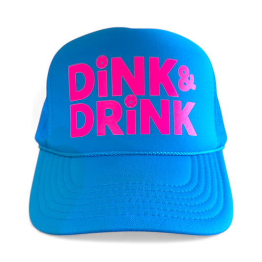 Blue cap with pink text 'Dink & Drink' on a white background