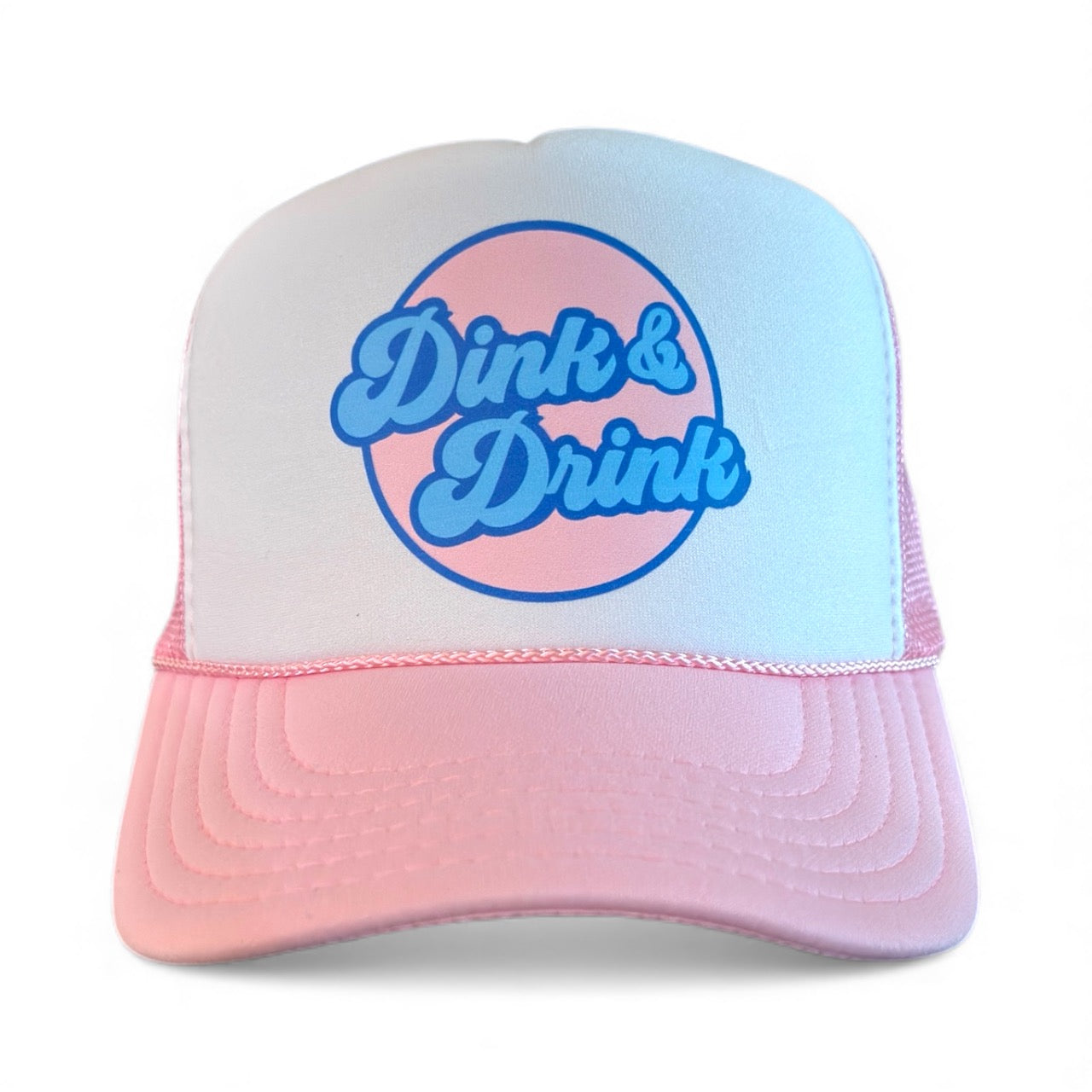 Trucker hat with 'Dink & Drink' text on a white background