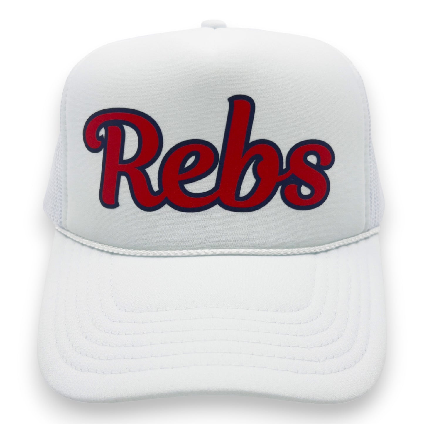 White cap with 'Rebs' in red and blue on a white background
