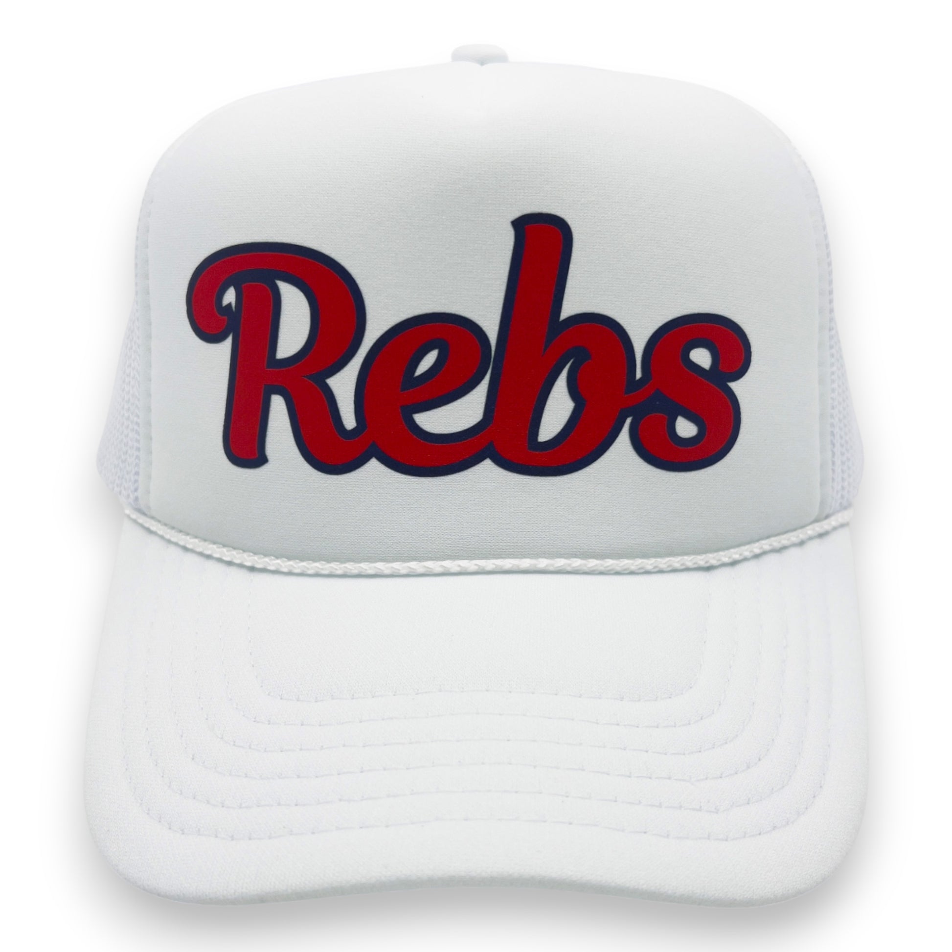 White cap with 'Rebs' in red and blue on a white background
