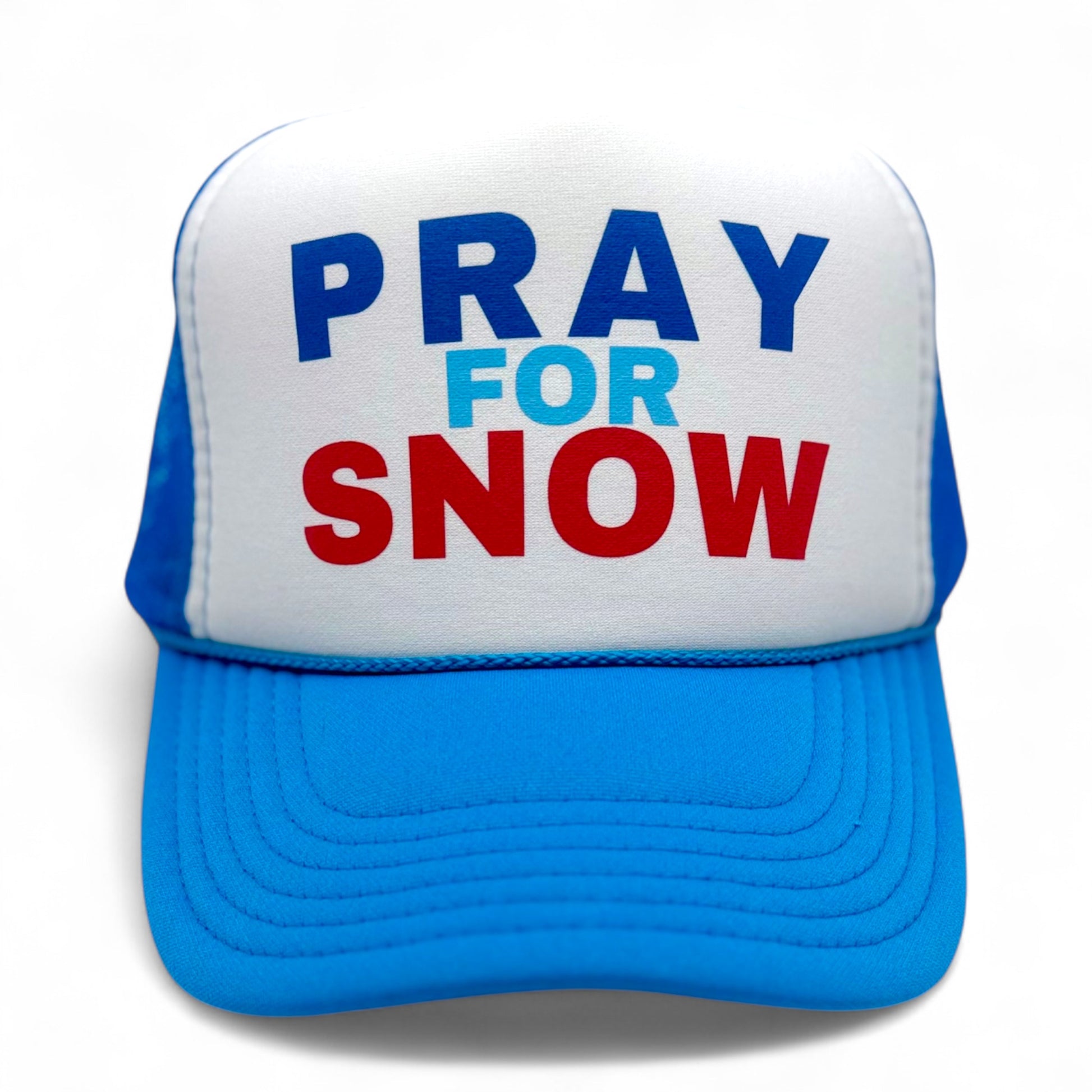 Pray for Snow Ski Trucker Hat in royal blue, red and powder blue on a white front, neon blue otto-foam trucker hat. Perfect for mountain trip or apres ski day.