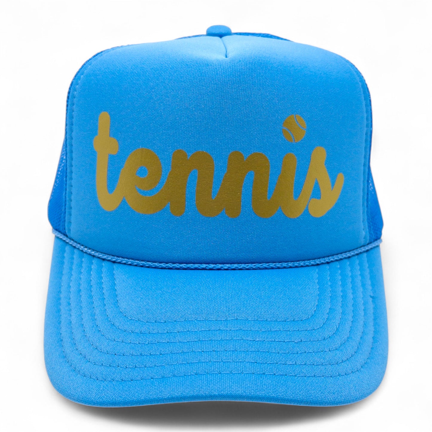 Columbia blue snapback trucker hat by stevi with tennis is lowercase script with tennis ball for the dot in the i.