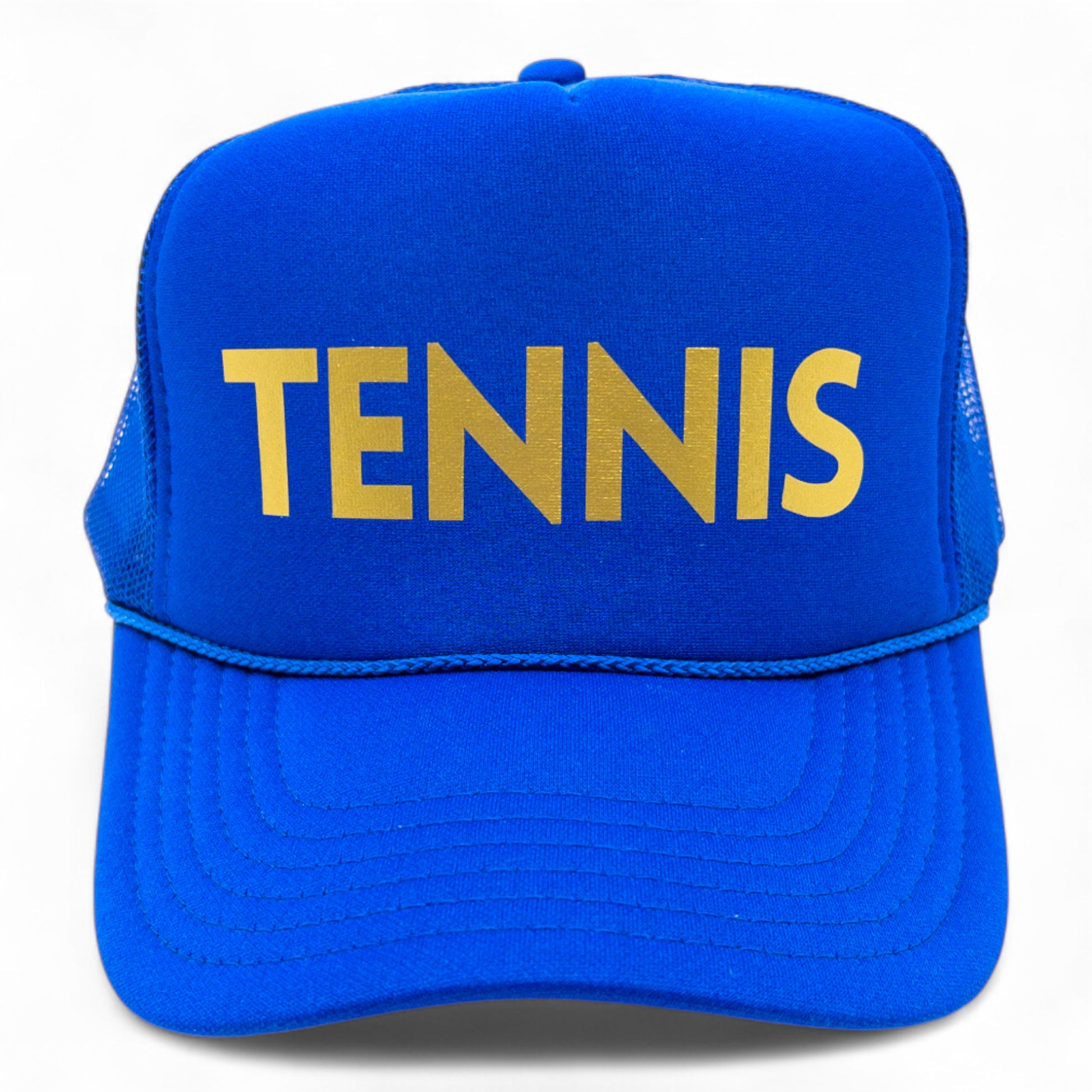 Royal blue trucker hat with TENNIS is modern script in gold metallic by stevi.
