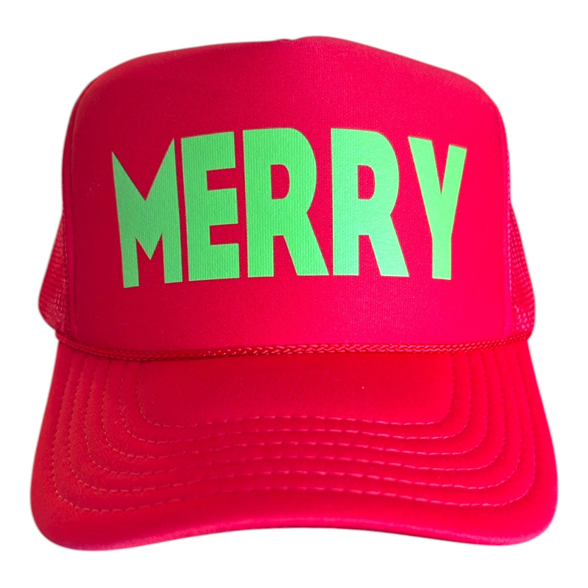 Red cap with green 'MERRY' text on a white background