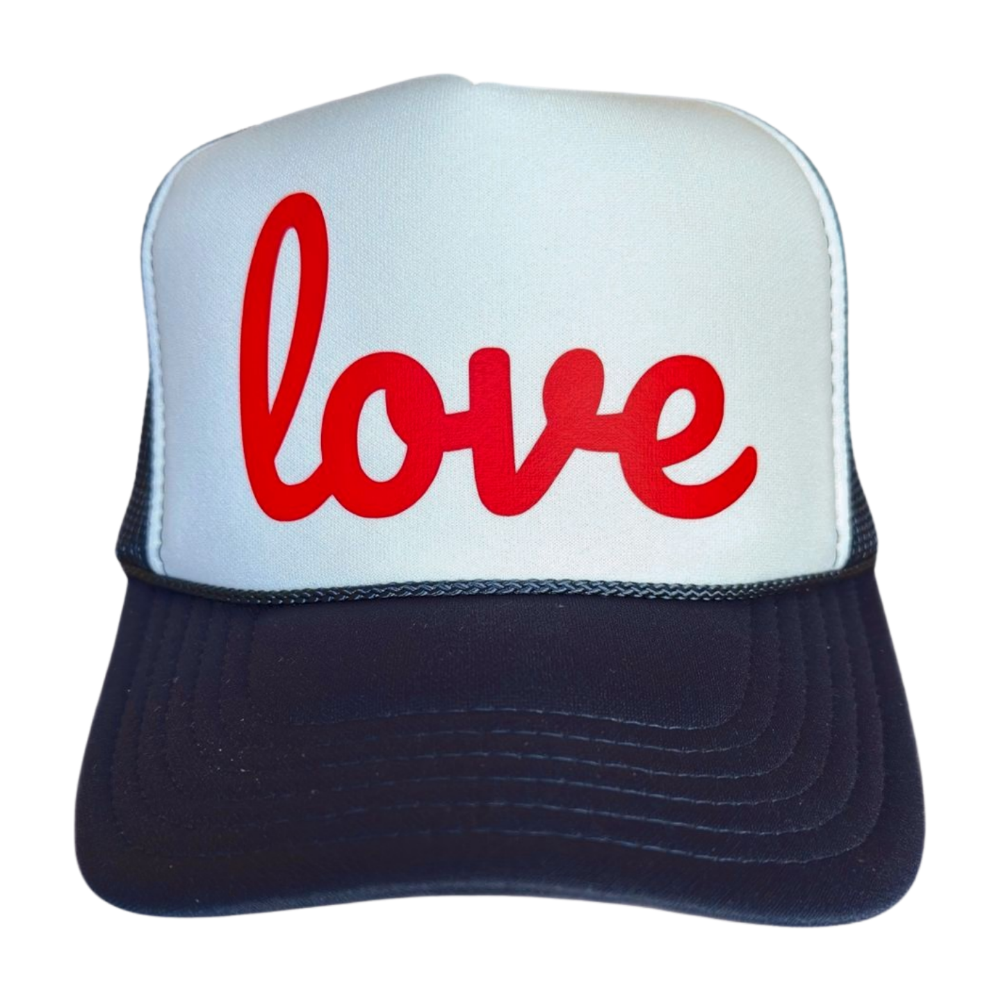 Trucker hat with 'love' in red on a white background