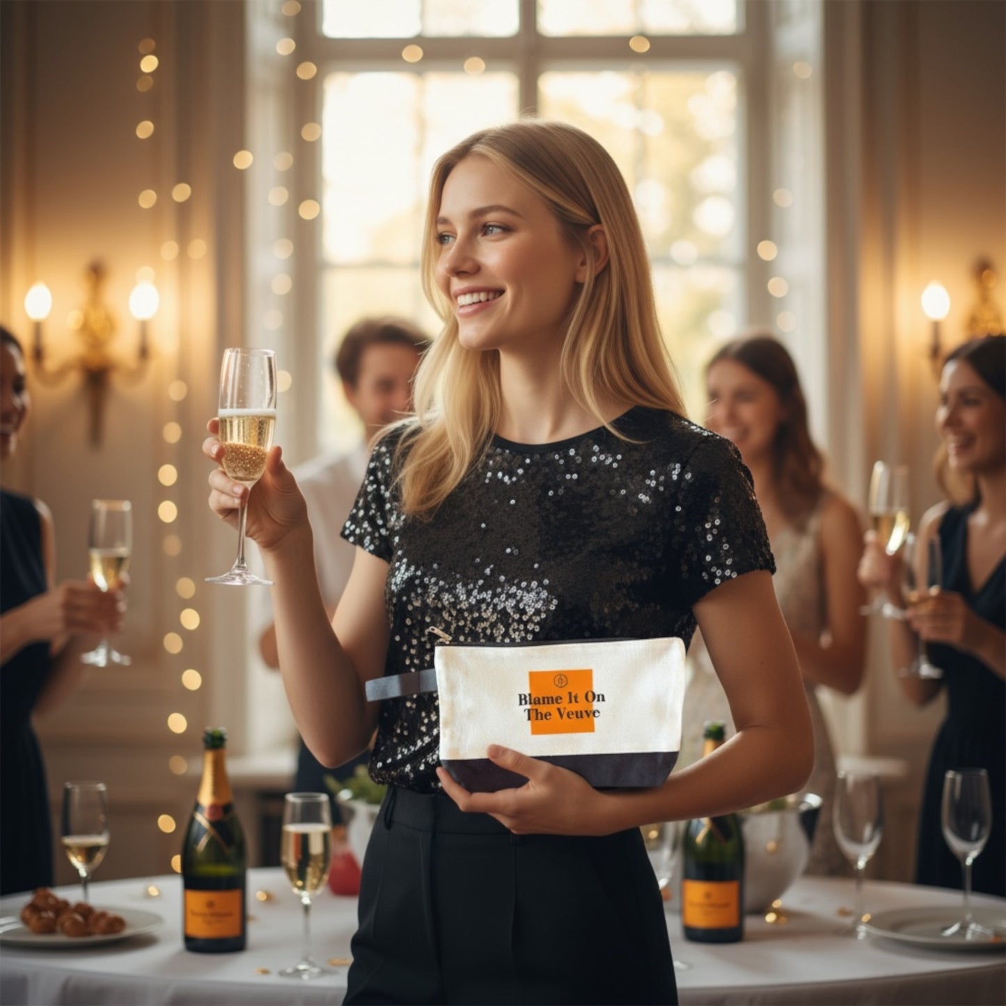 Woman holding small canvas bag with custom, veuve-inspired logo "Blame It On The Veuve" with small champagne glasses. 