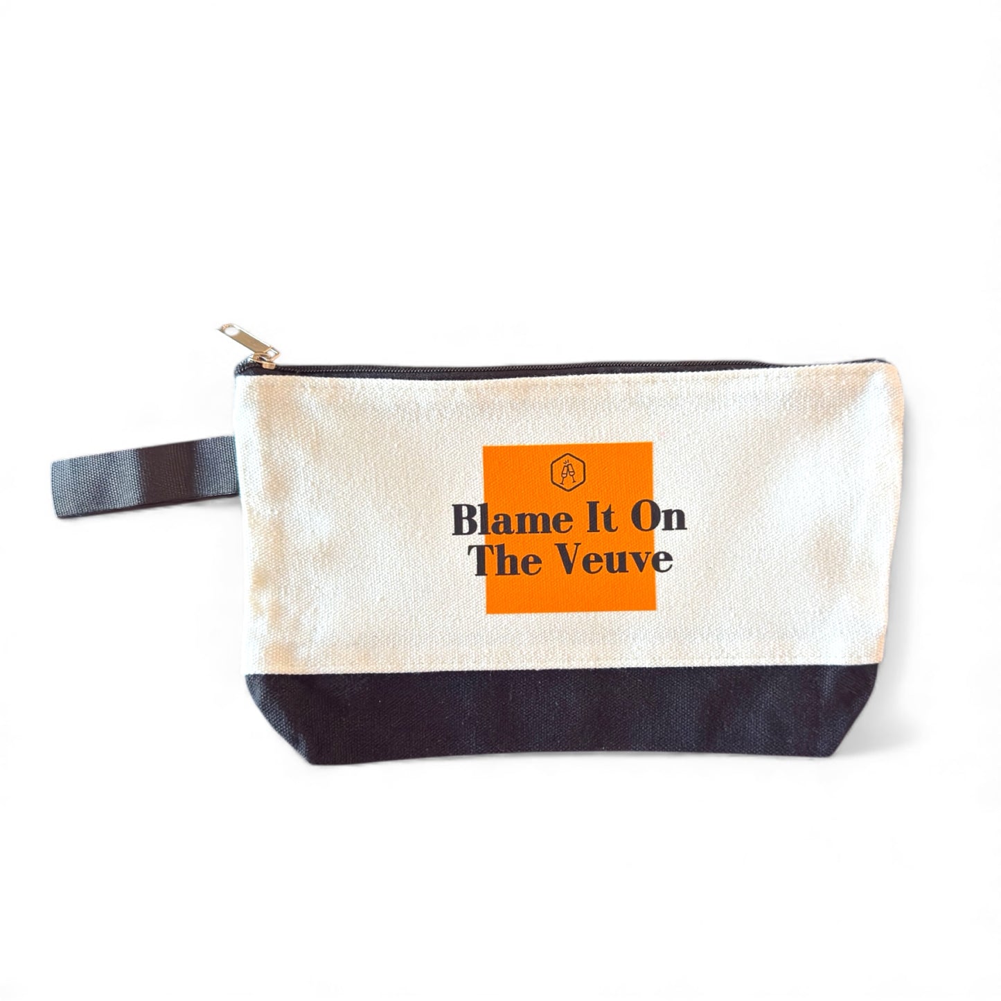 Canvas pouch with 'Blame It On The Veuve' text on a white background