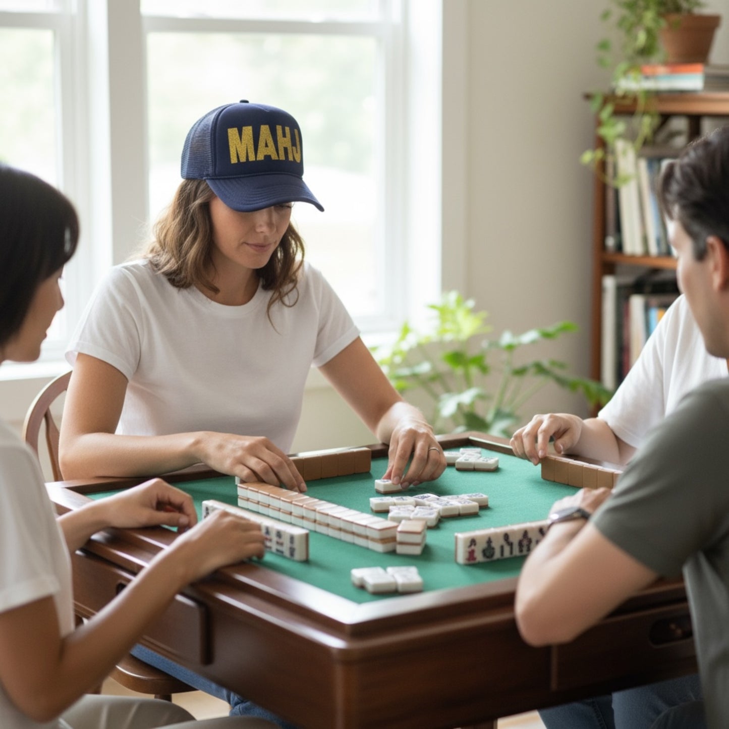 Game of mahjong with person wearing stevi. custom trucker hat in navy with large, block, MAHJ letters in gold glitter. Perfect addition to game of mahjong or as gift to yourself or mahjong loving friend! 
