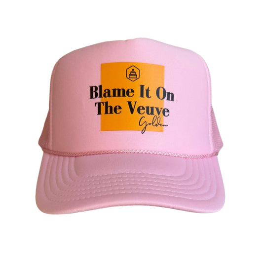 “Blame It on the Veuve” champagne-themed trucker hat with foam front and mesh back—perfect for birthday parties, bachelorette weekends, and celebratory toasts.